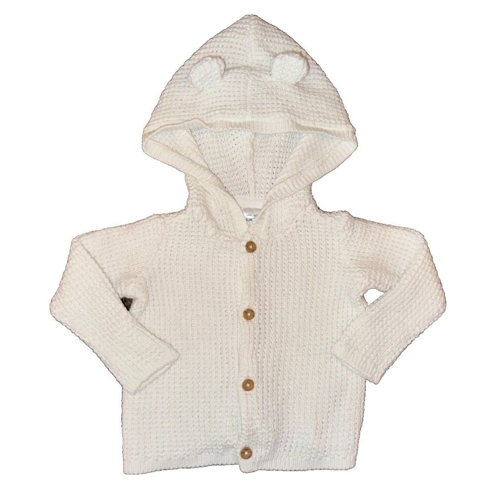 Carters 6 Months White Cotton Cardigan Sweater Hooded‎ Bear Ears Unisex Boy Girl